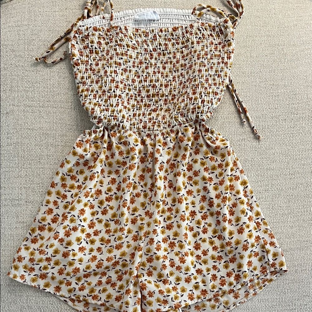 Sadie & Sage Women’s Floral Smocked Romper in White, Brown & Mustard